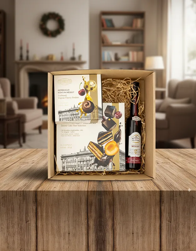 Pannonhalmi meggy pálinka 0,4l, Gerbeaud: Zserbó desszert válogatás 100g, Gerbeaud konyakmeggy 60g- 4 szem. Tető formájú karácsonyi díszdobozba csomagoljuk. Doboz mérete: 28x18x10 cm.