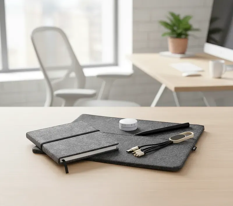 Újrahasznosított alumíniumból készült toll kék színű zselés tintával, A5 méretű filc borítós jegyzetfüzet, Mentás cukorkák kerek műanyag tartályban 12g. Búzaszalmából készült 3 in 1 töltő és adatkábel szett. USB töltőkábellel, Micro USB-vel, C-típusú és 8 tűs csatlakozóval, fekete felületre gravírozott logó a használat során megvilágításra kerül. Újrahasznosított filcből készült dokumentumtáskába csomagoljuk, mely laptopok tárolására is alkalmas. Táska mérete: 36,5 × 2 × 26 cm