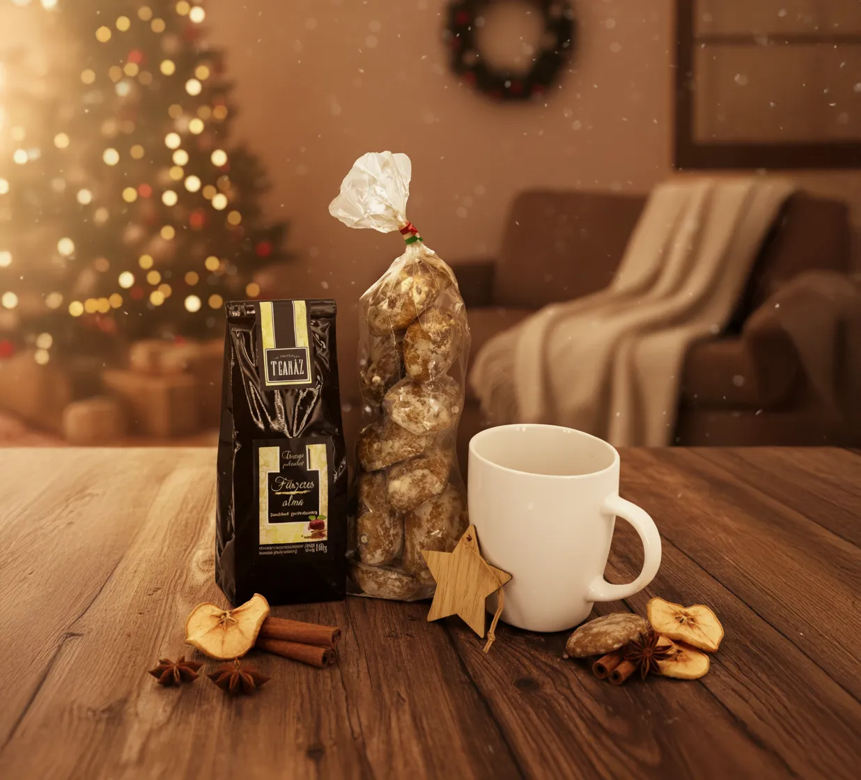 Mézespuszedli vaníliás 140g, Foggia csillag karácsonyfadísz, Ünnepi percek szálas tea fűszeres alma 80g, Porcelán bögre fehér, 300 ml.