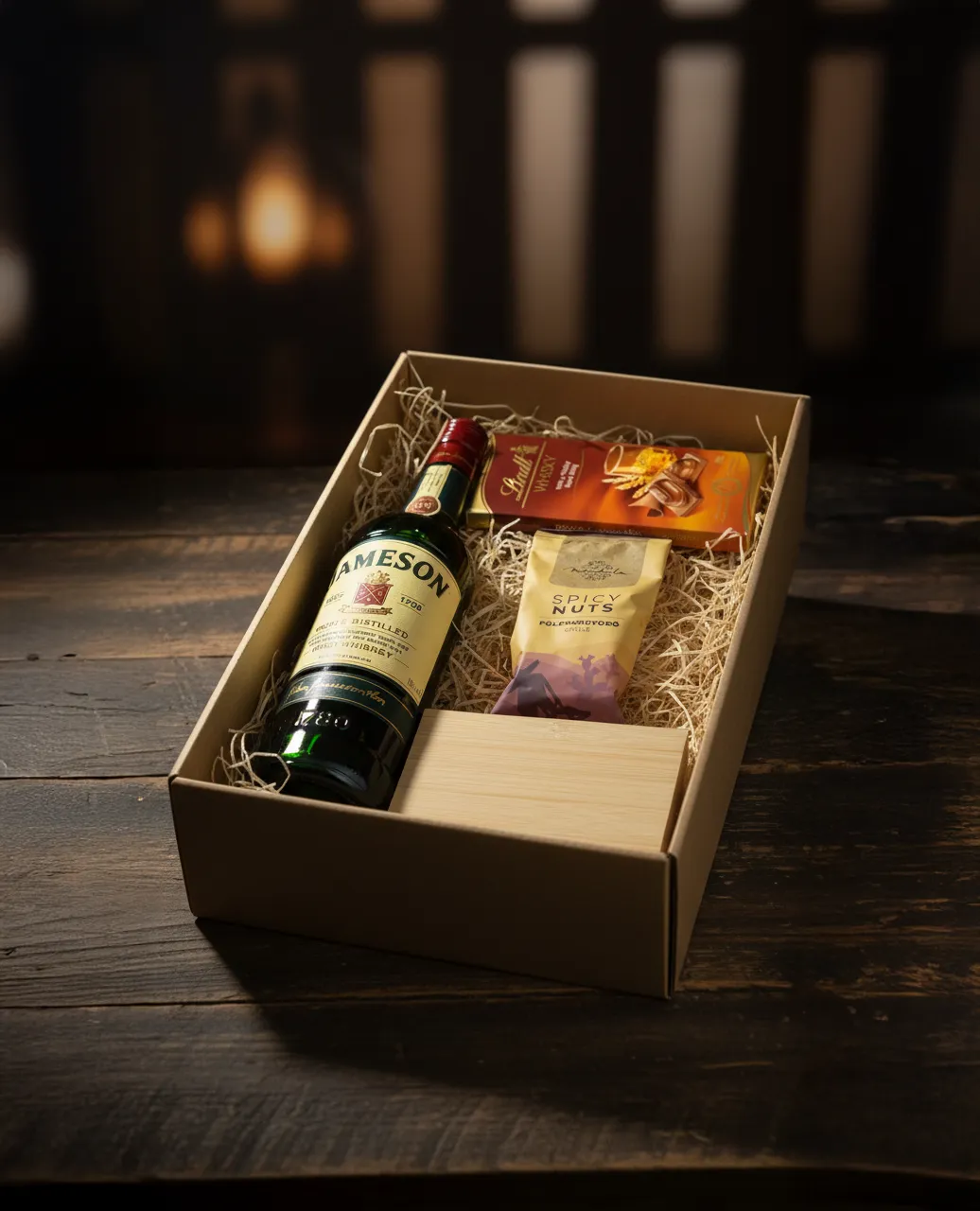 Jameson Whiskey 0,7L 40%, Lindt whisky-vel töltött tejcsokoládé 100g, Spicy Nuts - Chilis földimogyoró 65g, Jégkocka készlet bambuszdobozban