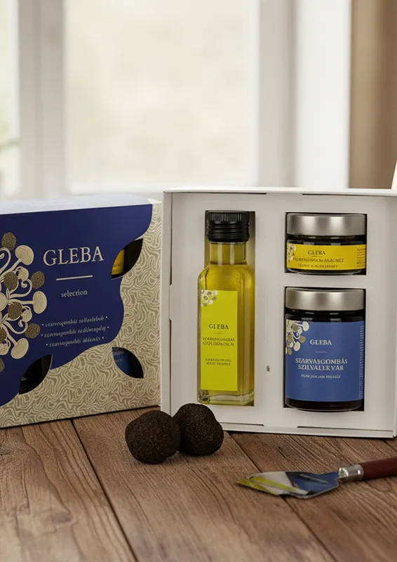 szarvasgombás szilvalekvár 200 g, Szarvasgombás szőlőmagolaj 100g, Szarvasgombás akácméz 60g.