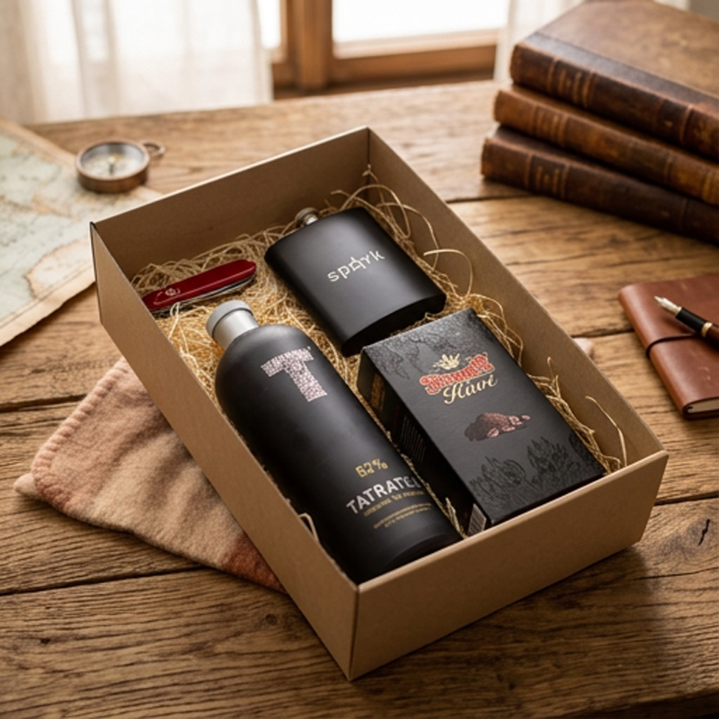 Sheffield rozsdamentes acél laposüveg 207 ml, Tatratea eredeti tealikőr 52%, Victorinox Spartan svájci zsebkés 12 funkcióval, Stühmer arabica őrölt kávé 250g. Ablakos dobozban szállítjuk karácsonyi mintás papírpalásttal. Doboz mérete 35x22x9 cm.