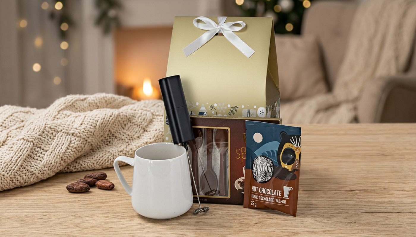 Mantaro forró csoki por 25g, csokikanál 54g, porcelán bögre 300 ml, elektromos tejhabosító. Tető formájú karácsonyi díszdobozba csomagoljuk. Doboz mérete: 28x18x10 cm.