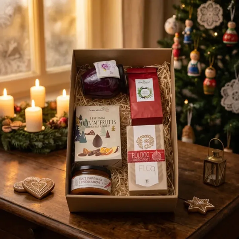 Floch prémium citromos keksz 150g, eperkrém gyümölcstea 90g, sült paprikás lencsekrém, fermentált fűszeres lilakáposzta 290g, karácsonyi magmix 120g. Ablakos dobozban szállítjuk karácsonyi mintás papírpalásttal. Doboz mérete 35x22x9 cm.