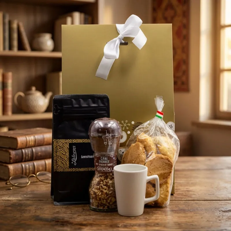 Espresso kerámia kávéscsésze, Kotányi chai moment kávéfűszer malom, Costa Rica szemes kávé 90g, kókuszcsók tasakban 100g. Tető formájú karácsonyi díszdobozba csomagoljuk. Doboz mérete: 28x18x10 cm.